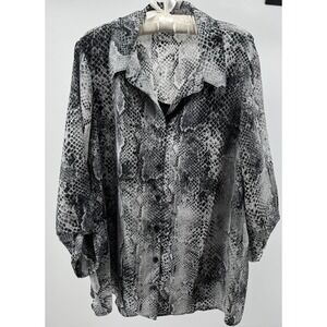 White Stag Snakeskin Black 3/4 Roll Tab Slv Button Up Blouse 2X 18W/20W Layered